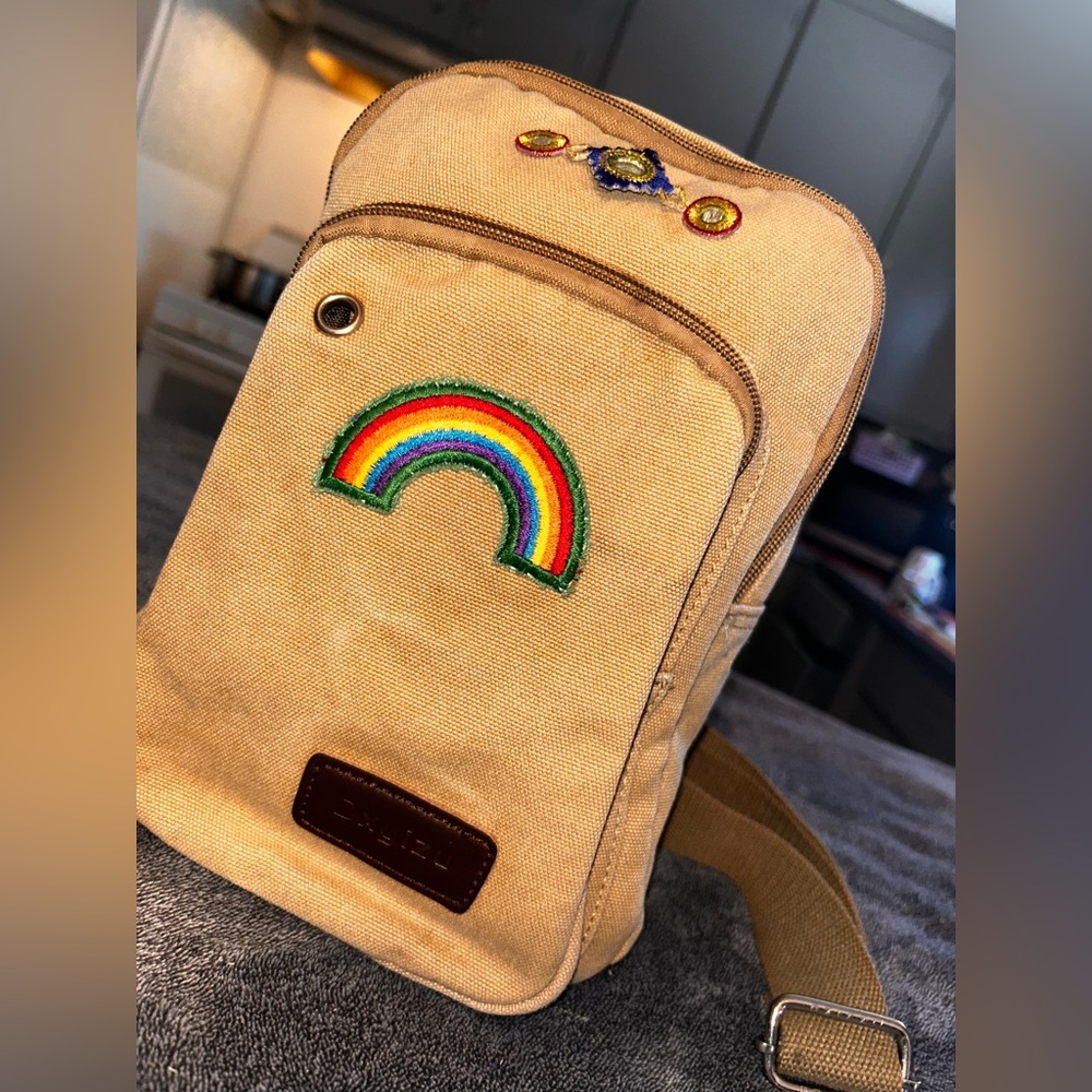 Tan Canvas Belt Bag with Rainbow Patch